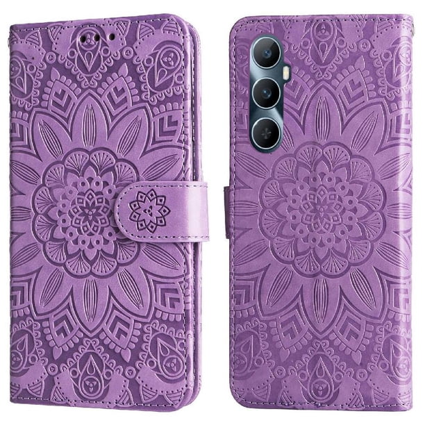 Funda tipo cartera FOXDOCK para Realme C65 4G , diseño girasol en relieve, cuero PU, cierre magnético, soporte y tarjetero