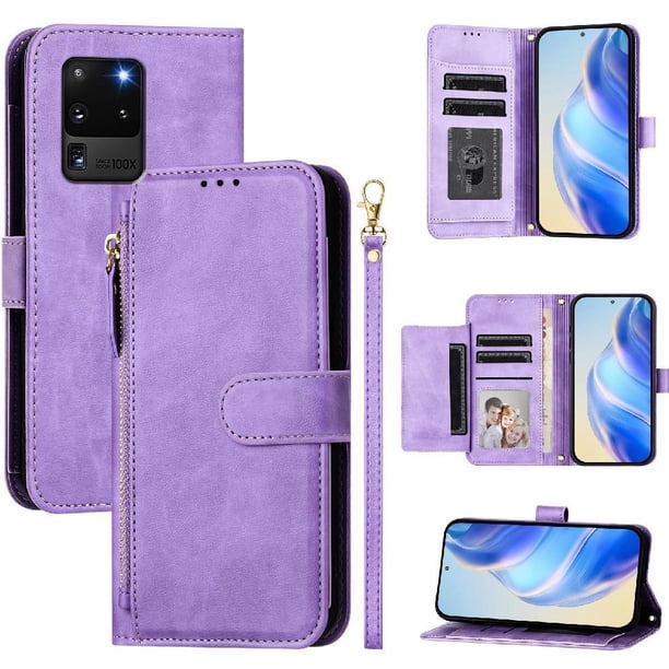 Funda Billetera Cremallera para Samsung Galaxy S20 Ultra 5G con Porta Tarjetas, Soporte y Correa Morado