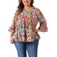 thumbnail image 1 of Agnes Orinda Blusas Peplum con Volantes de Manga 3/4 con Cuello en V Floral para Mujer de Talla Grande 1X Naranja Negro, 1 of 8