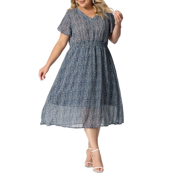 GRACE & GRANDEUR Vestido Floral de Talla Grande para Mujer Boho Chiffon Cuello en V Mangas Cortas Acampanadas Cintura Fruncida Vestidos Midi de Verano 1X Azul Oscuro
