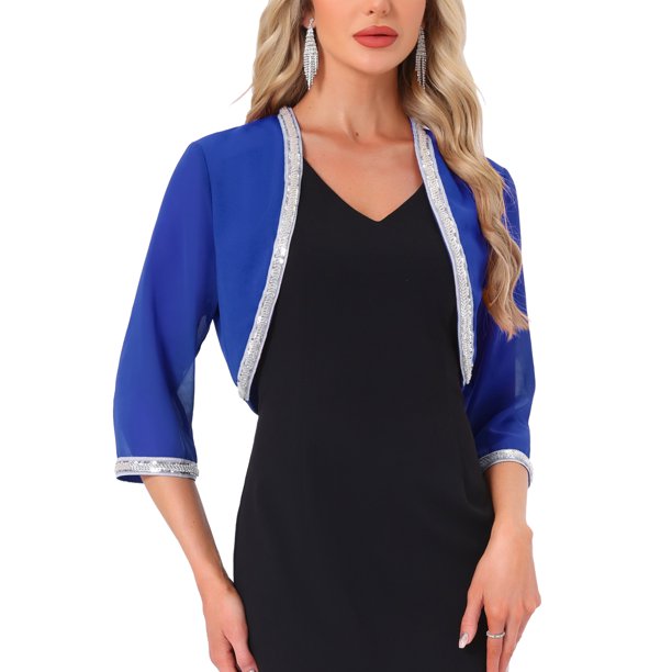 INSPIRE CHIC Chaqueta de Noche para Mujer con Ribete de Lentejuelas, Manga 3/4, Abierta al Frente, Corta de Chifón, Azul Real M