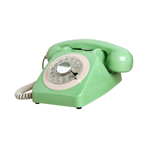 Teléfono de disco giratorio de estilo vintage, teléfono con cable europeo, estilo años 60, con campana de metal, estilo retro. Verde