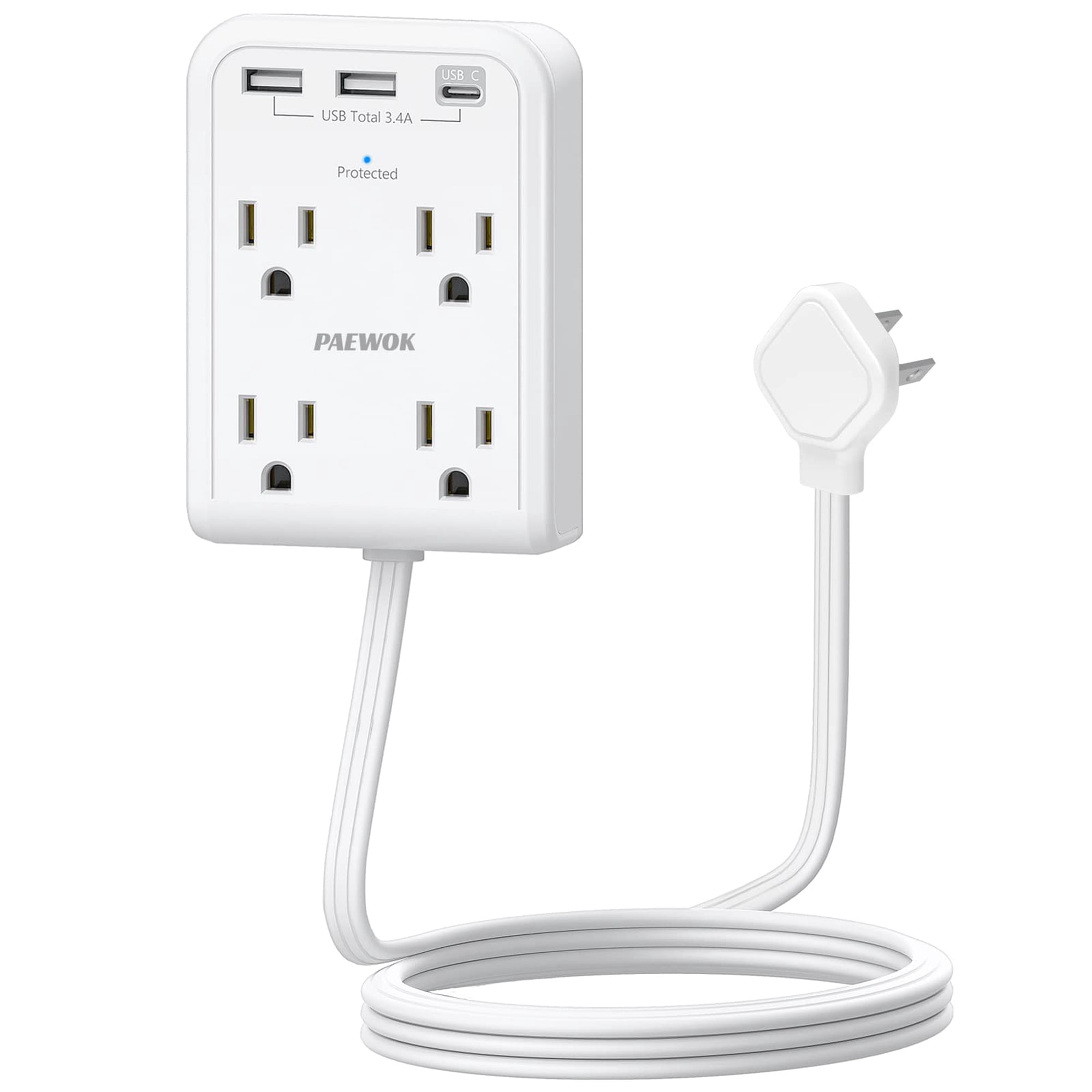 Extensor De Enchufe De Pared Paewok 7 En 1 Con Usb, 4 Tomas, 3,4 A, Blanco