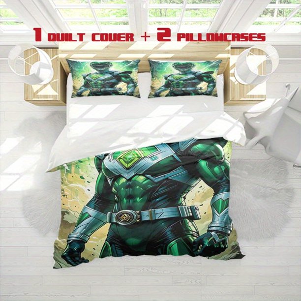 3pcs Green Superhero Team Illustration Printed Bedding Set Soft Duvet Cover and Two Pillowcases Ideal for All Seasons