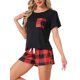 thumbnail image 4 of INSPIRE CHIC Conjunto de Pijama de Mujer a Cuadros, Mezcla de Algodón Suave, Camiseta de Manga Corta y Pantalones Cortos con Bolsillos para Primavera Verano S Rojo, 4 of 5