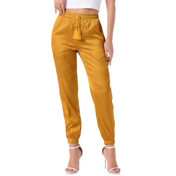 INSPIRE CHIC Pantalones de Satén para Mujer con Cintura Elástica y Cordón, Pierna Recta, Largo al Tobillo, Joggers Elegantes con Bolsillo S Dorado