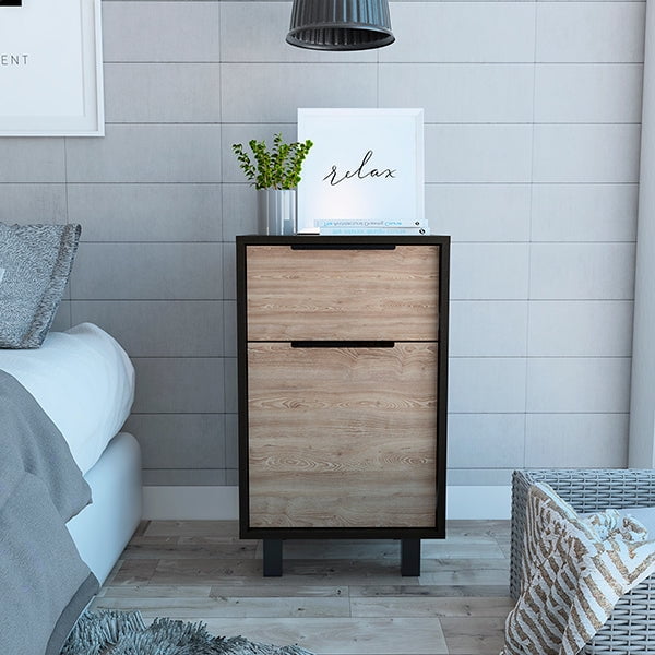 Tuhome - Velador Kaia 1 Cajón 1 Puerta Wengue Y Miel 70x41x36 Cm