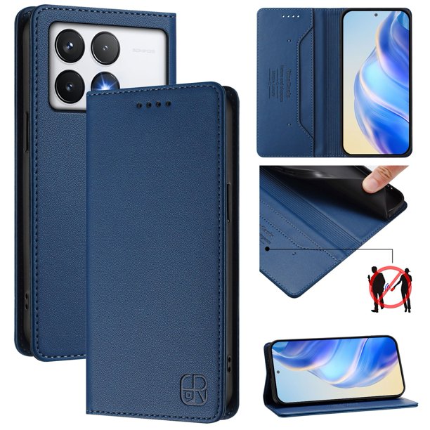 Funda Billetera con Soporte para Xiaomi Poco F6 Pro Bloqueo RFID Plegable Azul