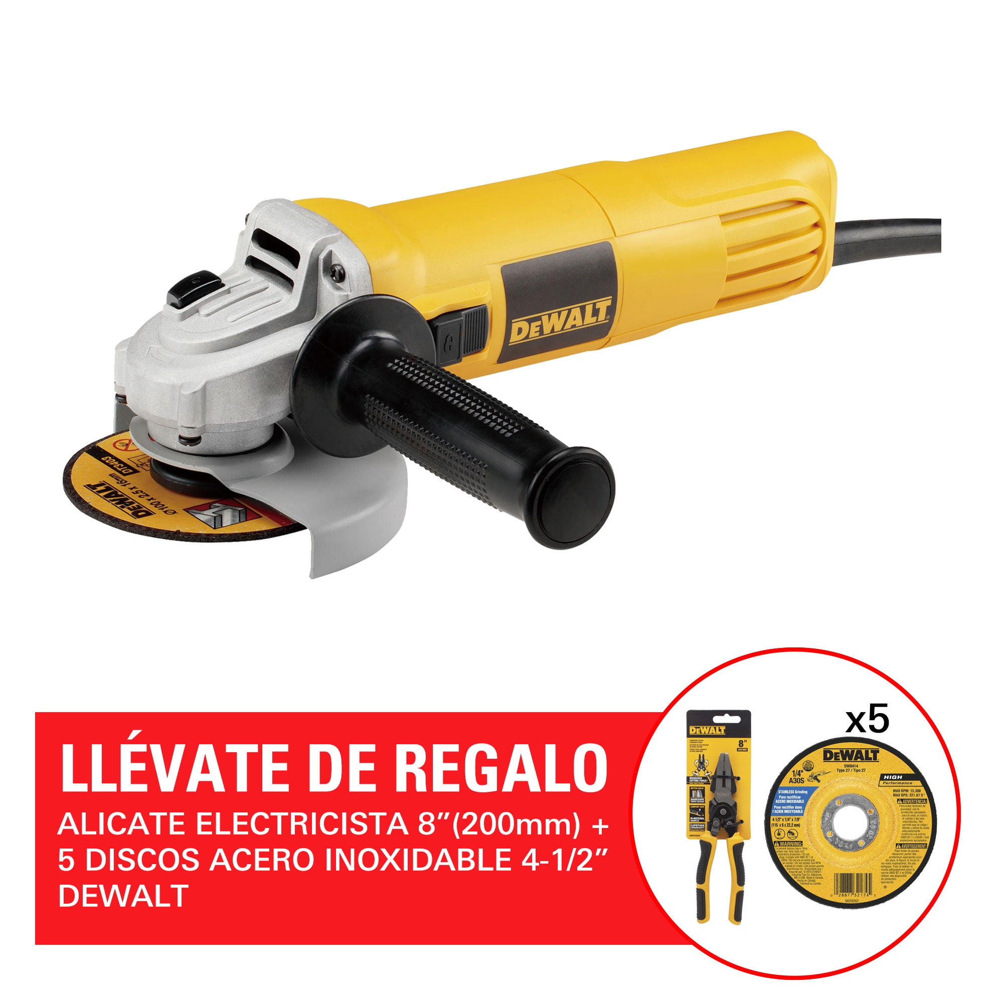 Esmeril Angular 950w + 5 Discos Corte + Alicate Dewalt