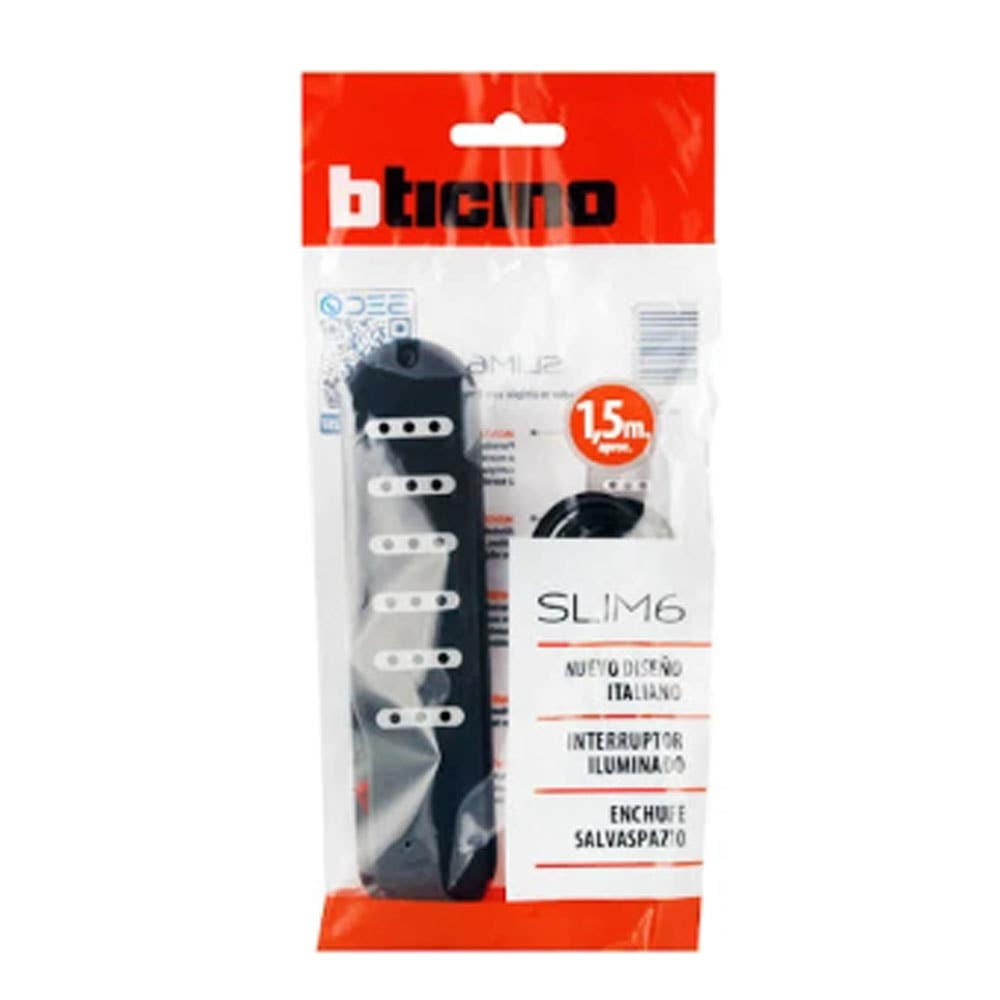 Bticino - Alargador 1.5mt / 6 Tomas, Negro + Luz Indicadora