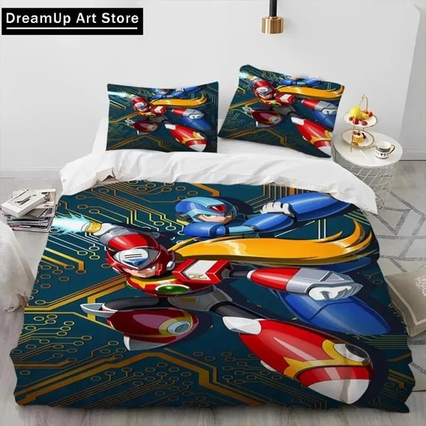x1309 Bed Sheets Rockman Megaman Game Cartoon Bedding Set Cute Quilt Cover Bed Cover With Pillowcase Twin Size Boys 3-Piece Bedding Set (1 Duvet Cover + 2 Pillow Shams) nj1309