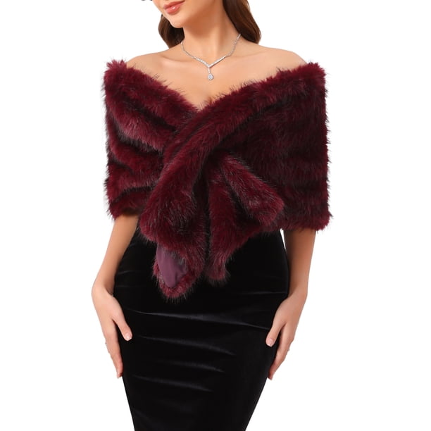 INSPIRE CHIC Chal de Piel Sintética para Mujer para Boda, Estola de Novia, Envolturas de Cóctel, Chal de Noche, L Burdeos