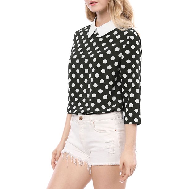 INSPIRE CHIC Blusa de Mujer con Cuello Peter Pan en Contraste, Mangas 3/4, Camisa L Negra