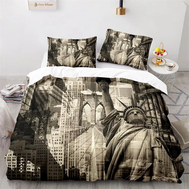 x2478 Bed SheetsAmerican City Landscape Duvet Cover Set Statue of Liberty Pattern Size Comforter Cover for Teen Polyester Bedding Set 3-Piece Bedding Set (1 Duvet Cover + 2 Pillow Shams) nj2478