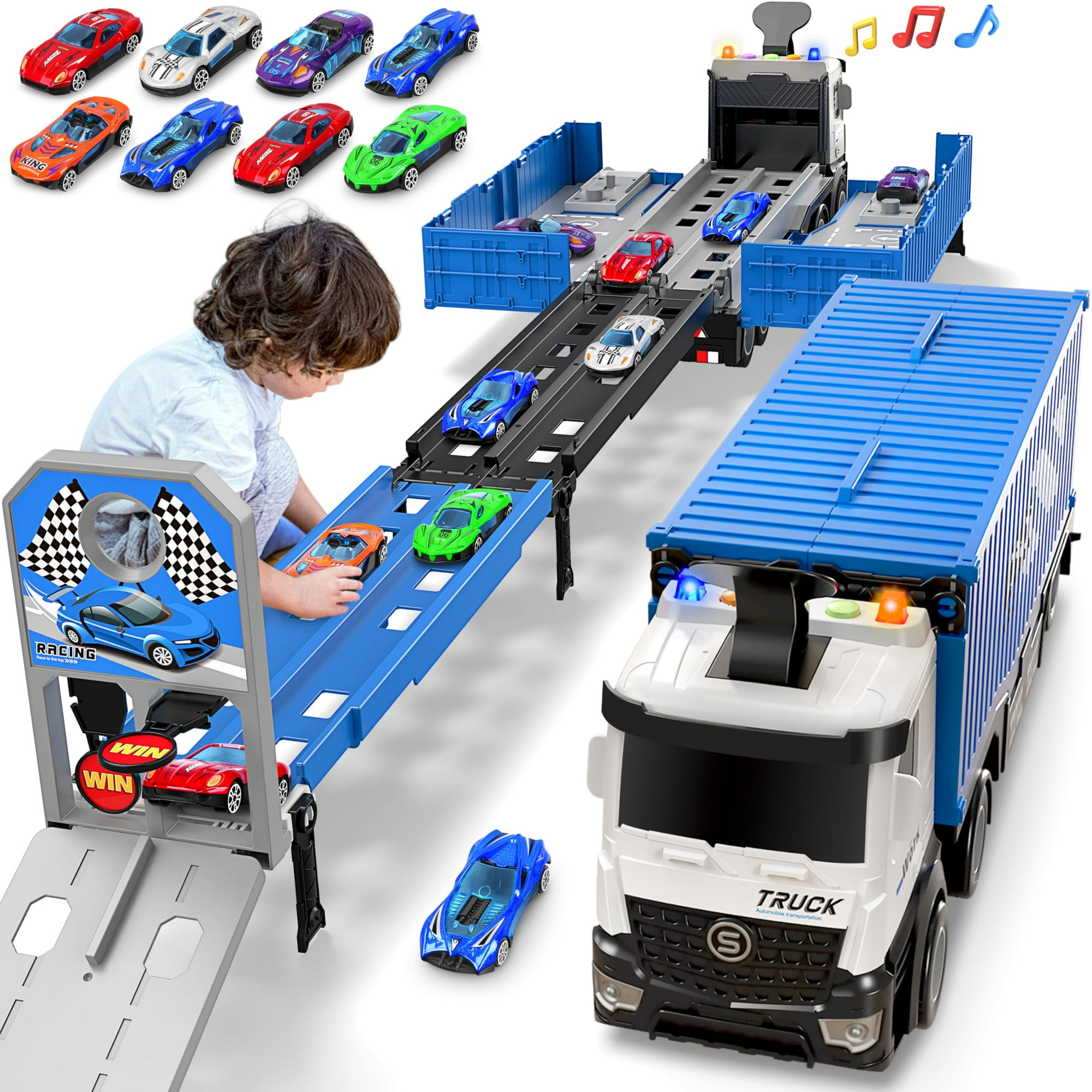 Diuerma - Pista De Carreras Toy Carrier Truck Con 8 Coches De Carreras Para Niños De Más De 3 Años