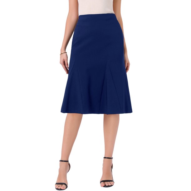 INSPIRE CHIC Faldas midi para mujer con cintura alta elástica para el verano, falda de línea A fluida y moderna, talla S, azul oscuro
