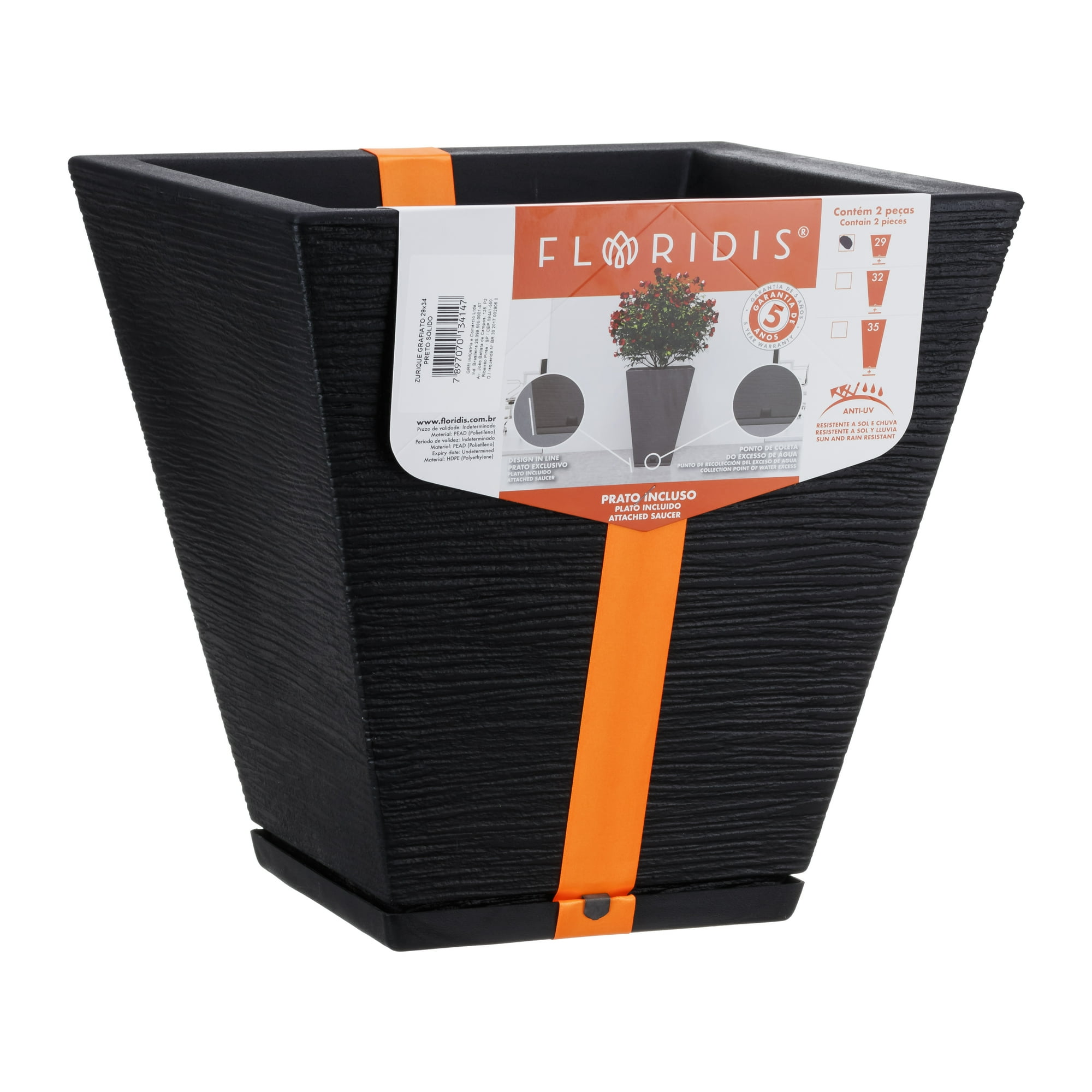 Floridis - Macetero Negro Zurique 34cm Alto Con Plato