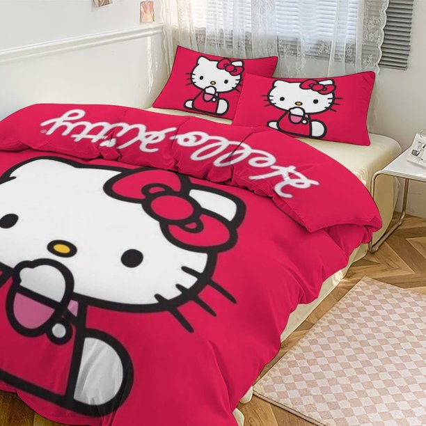 Cartoon Hello Kitty Comforter Heart 3-Piece Bed Sheets Warm Kawaii Bedding Set Cute Soft Bedclothes for Boys Girls Kids Twin