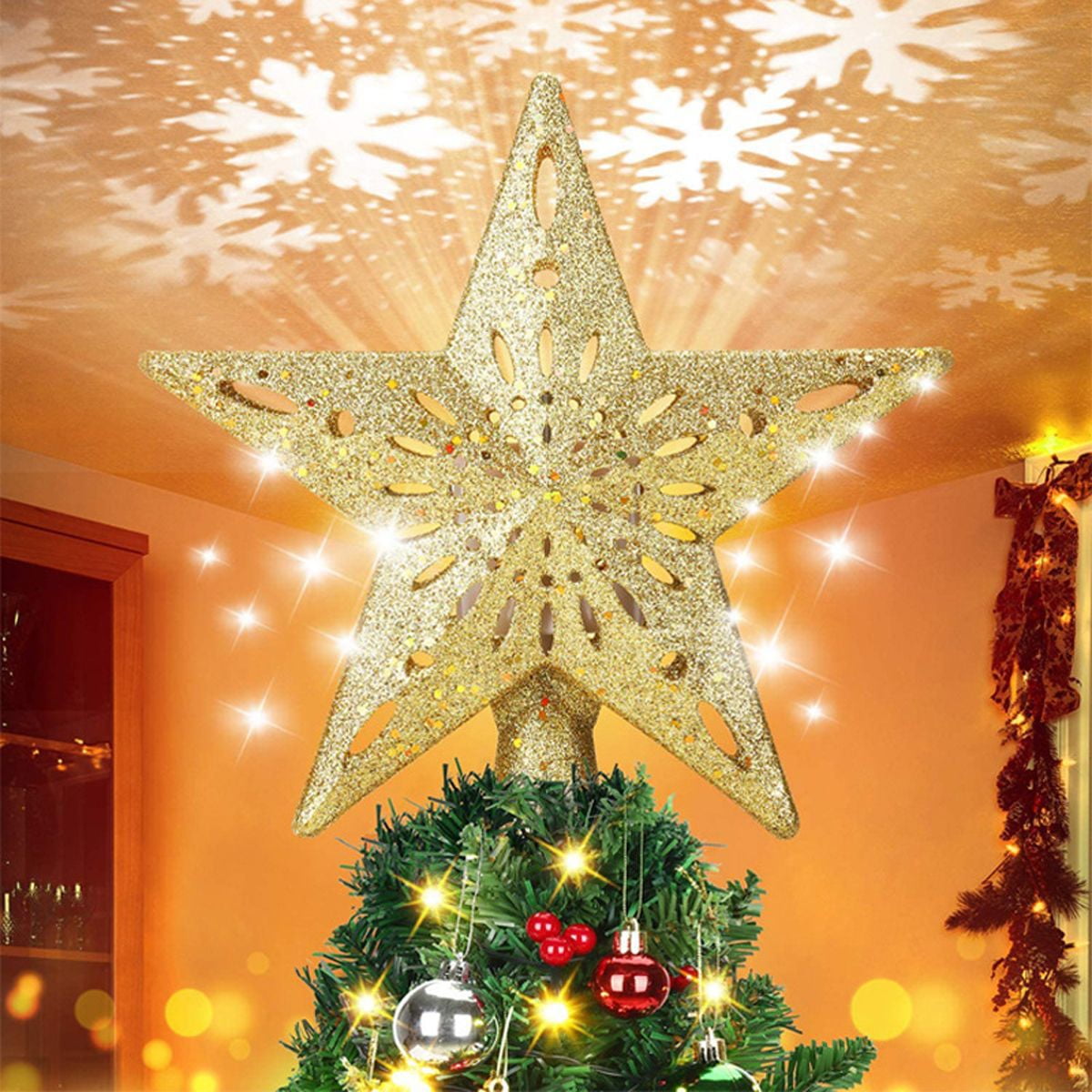 Xusx111 - Árbol De La Estrella De Navidad Topper Con Proyector De Copos De Nieve Led Incorporado Luces Huecas Pentagram Árbol Topper, Enchufe En El Árbol De Navidad Ornamento Para La Oficina Interior