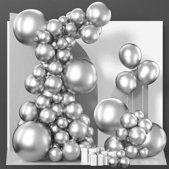 Balloon PartyWoo, 140 unidades, plata metalizada, paquete de 18 cm, 30 cm, 25 cm, 13 cm