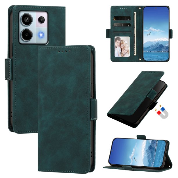 Funda Billetera Delgada para Xiaomi Redmi Note 13 Pro 5G con Ranuras y Soporte Verde oscuro