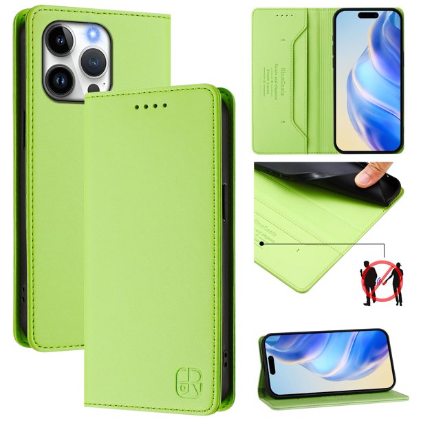 Funda Billetera con Soporte para iPhone 16 Pro Max Bloqueo RFID Plegable Verde claro