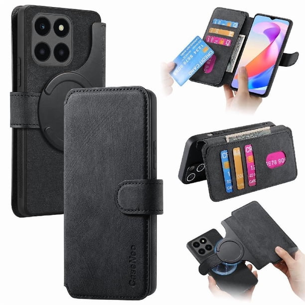 Funda Billetera Magnética para Honor X6A Soporte Tarjetas Desmontable Negro