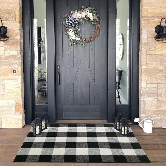 Alfombra CAINANEL a cuadros estilo búfalo 70x110 cm negro y blanco