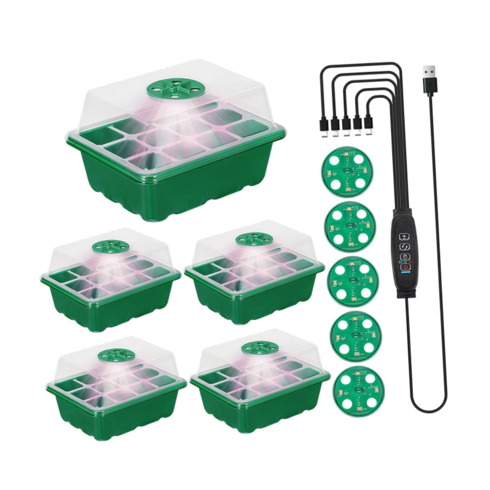 Ioensy - Juego De 5 Bandejas Para Iniciar Semillas Con Luz De Cultivo Para Interiores, Reutilizables, Profesionales, Con Atenuación Verde