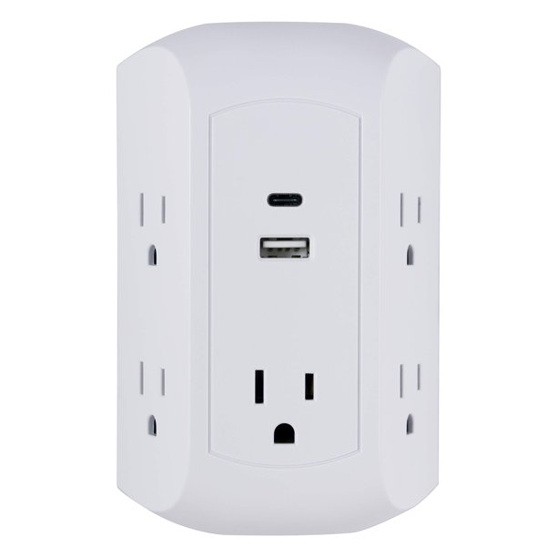 Regleta GE de 5 tomacorrientes con puertos USB/USB‑C y protector contra sobretensiones
