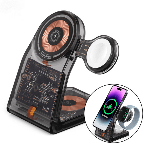 Soporte de carga rápida para Apple Watch, cargador inalámbrico MagSafe para iPhone, soporte magnético transparente para AirPods, 3 en 1 Tipo C-Transparente