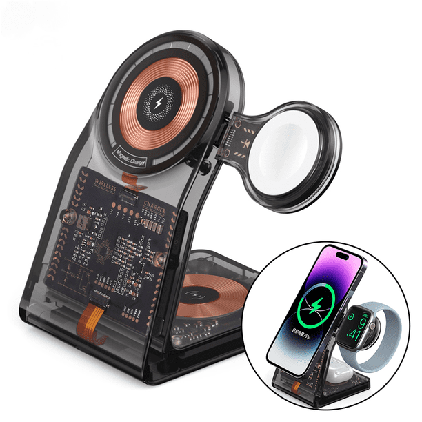 Soporte de carga rápida para Apple Watch, cargador inalámbrico MagSafe para iPhone, soporte magnético transparente para AirPods, 3 en 1 Tipo C-Transparente