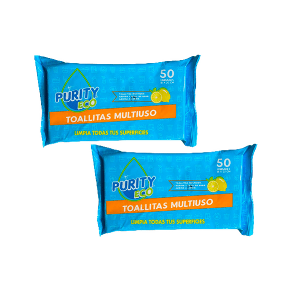 Pack 2 paquetes Toallitas Desinfectantes Purity Eco Multiuso 50 unidades cada uno