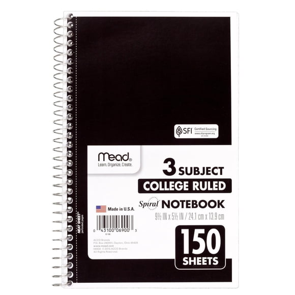 Cuaderno Mead de 3 materias, rayado college, 24 x 14 cm, 150 hojas