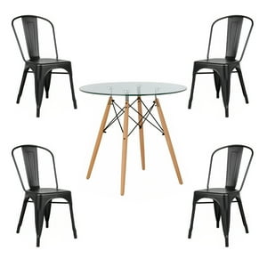 Klik Muebles - Comedor Mesa Redonda Vidrio 80 Cm + 4 Sillas Tolix Negras