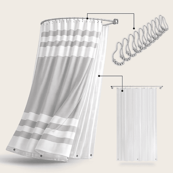 Cortina De Baño Tela + Forro + 12 Ganchos Premium 180 X 180 Cm Gris Raya Juego Larga Az