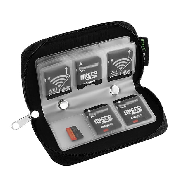 Estuche para tarjetas de memoria: admite tarjetas SD y CF, 22 ranuras para tarjetas (4 grandes y 18 pequeñas). Soporte con 22 ranuras. Paño de limpieza de microfibra incluido.