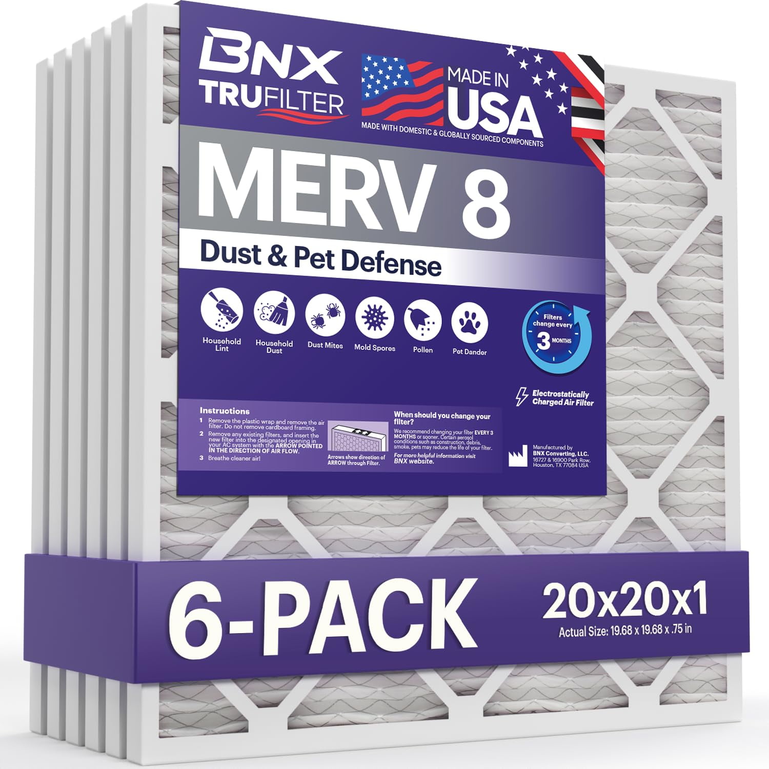 Filtro De Aire Bnx Trufilter 20x20x1 Merv 8 Para Aire Acondicionado