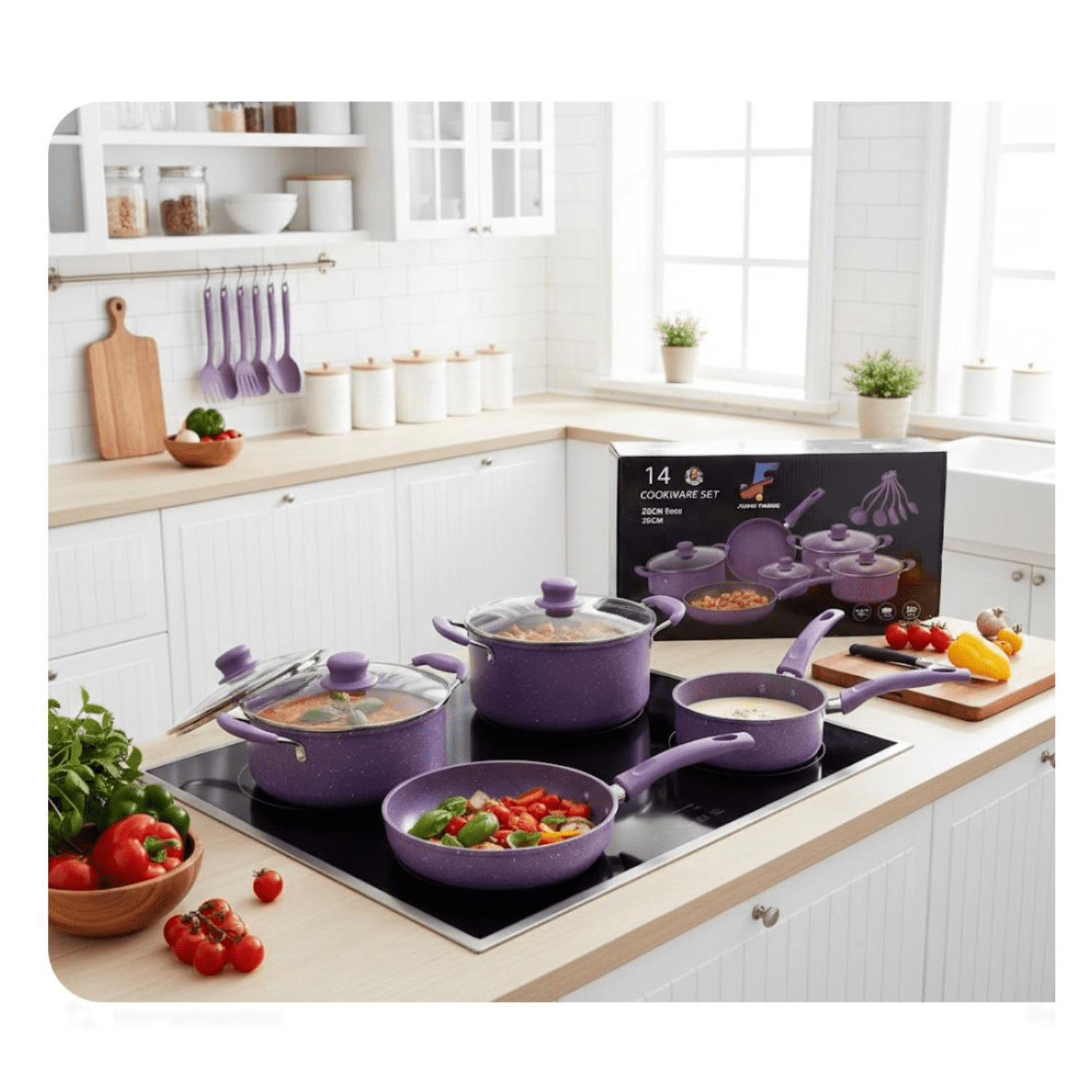 Genérico - Set De Ollas Moradas Ollas Antiadherente 14pcs