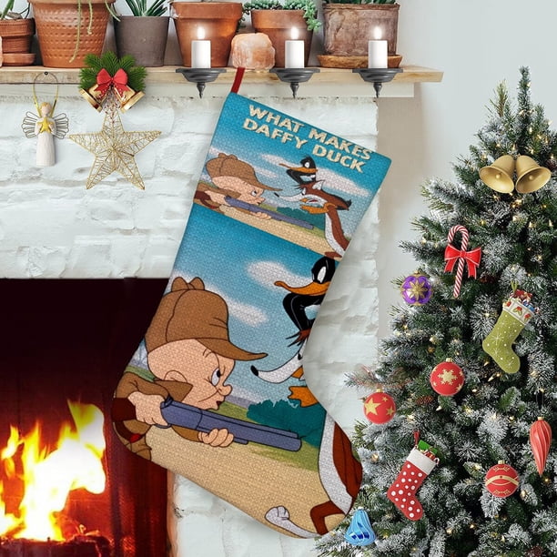 Pato Lucas Tema: Calcetines de Navidad, fino lino blanco para colgar en escaleras y chimenea, decoración navideña para el hogar, regalo de Navidad. 45cm × 32cm