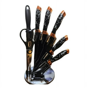 Mp - Set Cuchillos De Cocina 8 Pzs Marmoleado Base Giratoria Negro Plateado