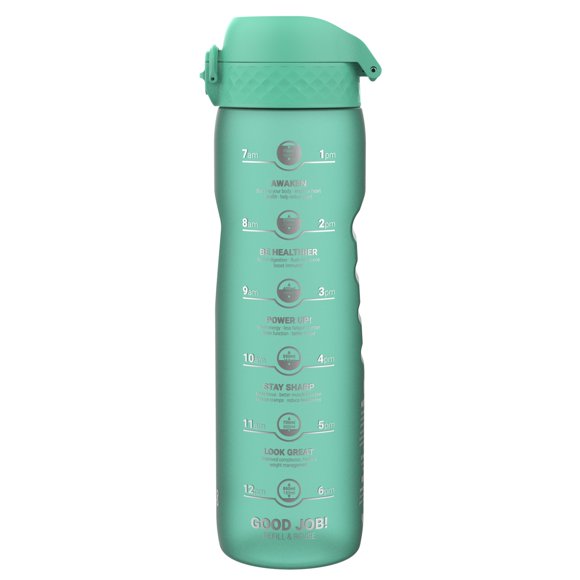 Botella de agua Ion8 de 1 L con horarios para beber, a prueba de fugas, color verde azulado
