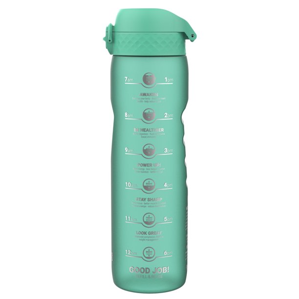 Botella de agua Ion8 de 1 L con horarios para beber, a prueba de fugas, color verde azulado