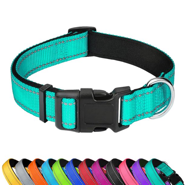 Collar reflectante PWOD para perro, color verde azulado, acolchado de neopreno, ajustable, talla M