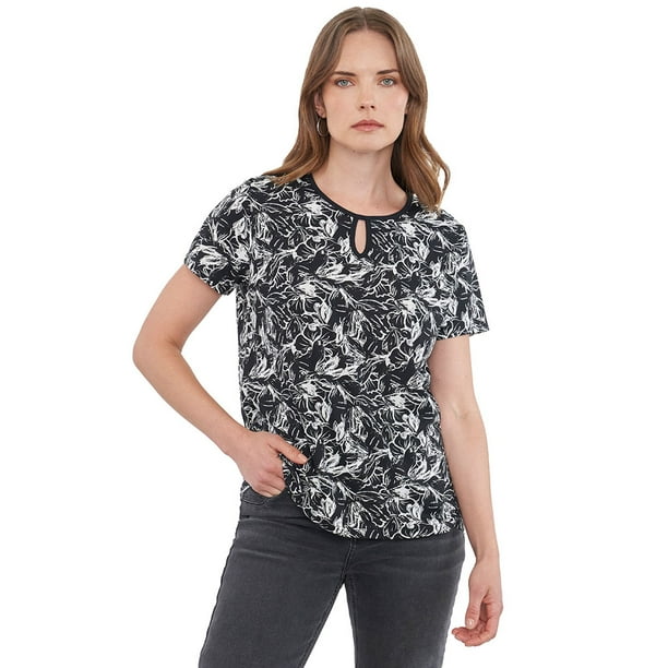 Polera Mujer Escote Cut Out Piping Negro Print Corona