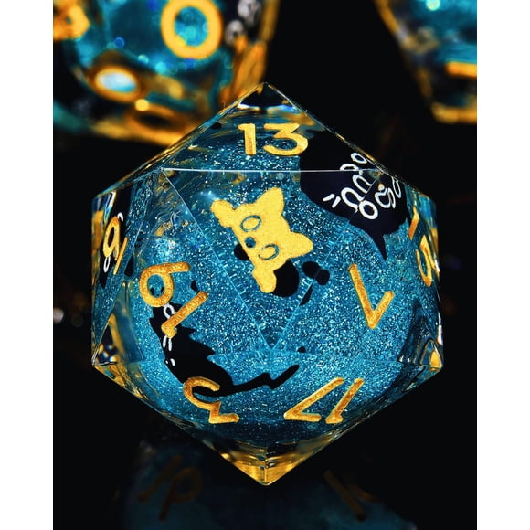 D20 Dado Froggod 22mm Núcleo Líquido Cabeza de Gato Azul