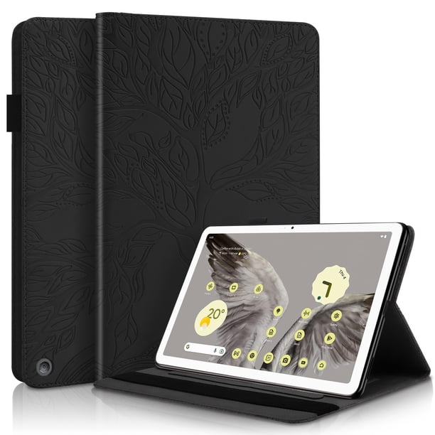 Funda con relieve del Árbol de la Vida para tablet Google Pixel Tablet con soporte, ranuras para tarjetas y soporte para lápiz óptico. Negro