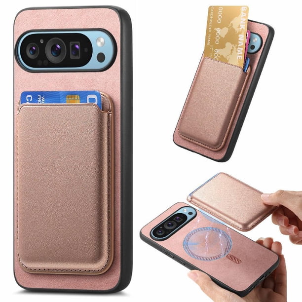 Funda de Cuero Magnética con Tarjetero para Google Pixel 9 Pro Cubierta Delgada Rosa