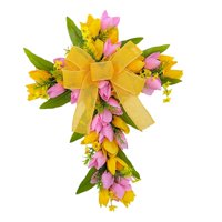 Magideal - Corona De Cruz De Pascua, Corona De Flores Artificiales, Corona De Primavera Al Aire Libre, Corona De Tulipán Para Puerta De Pared, Día De San Valentí Flores Amarillas Y Rosadas