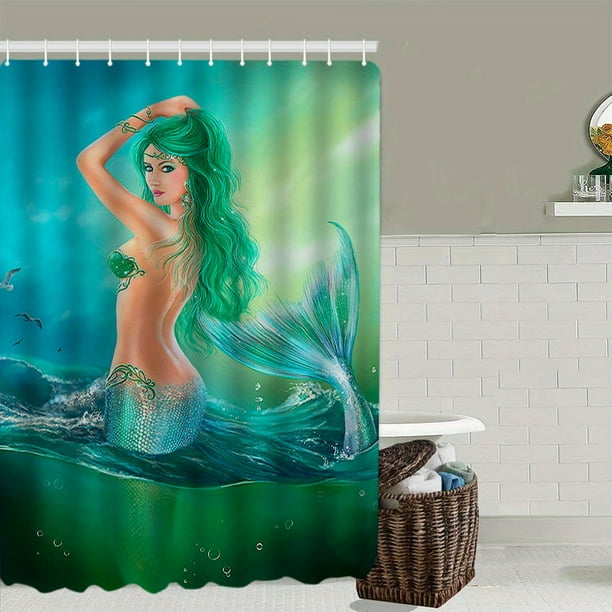 1pc Waterproof Green Mermaid Shower Curtain with 12 Hooks, Non-Slip Bathroom Rug, Toilet U-Shape Mat, and Toilet Lid Cover Pad - Enhance Your Bathroom Decor